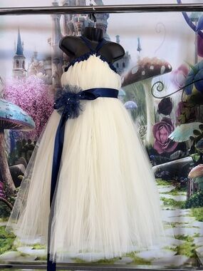 Handmade Ivory Tulle Girl Dress with Navy Sash